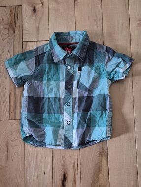 Boys Size 6-9m Quiksilver Teal & Gray Plaid Short-Sleeve Button-Down Shirt